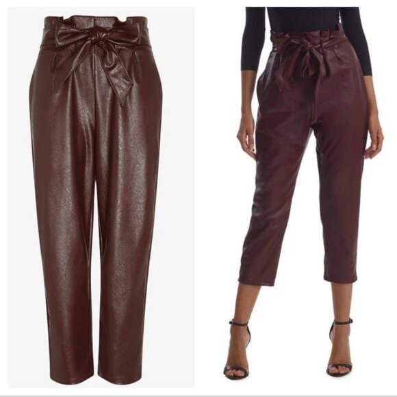 Commando Faux Leather Paperbag Pants Women Medium Brown High Rise Cropped Belted - Picture 2 of 13